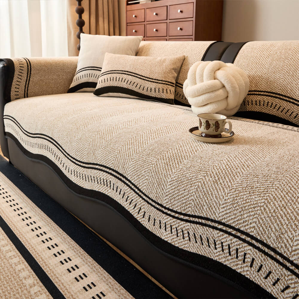Non-Slip Herringbone Chenille Couch Cover with Wavy Edges