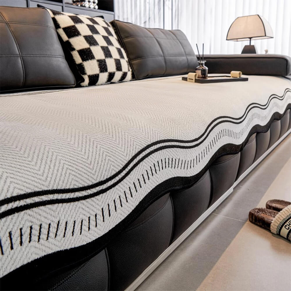 Non-Slip Herringbone Chenille Couch Cover with Wavy Edges