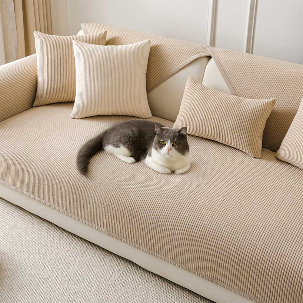 Modern Cream Vertical Stripes Fleece Couch Cover for All Seasons