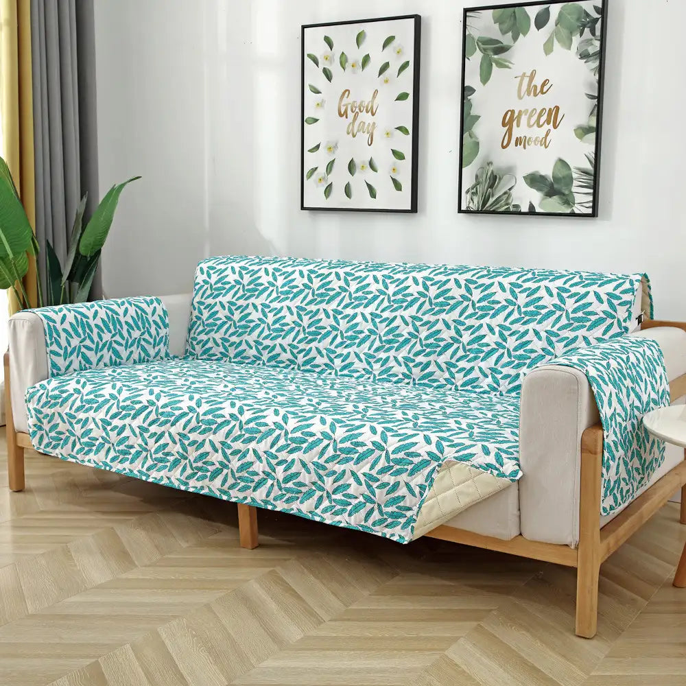 Leaf Print Quilted One-Piece Couch Cover with Non-Slip Elastic Straps