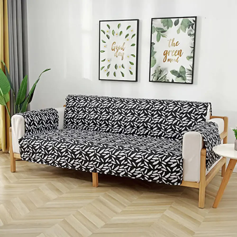 Leaf Print Quilted One-Piece Couch Cover with Non-Slip Elastic Straps