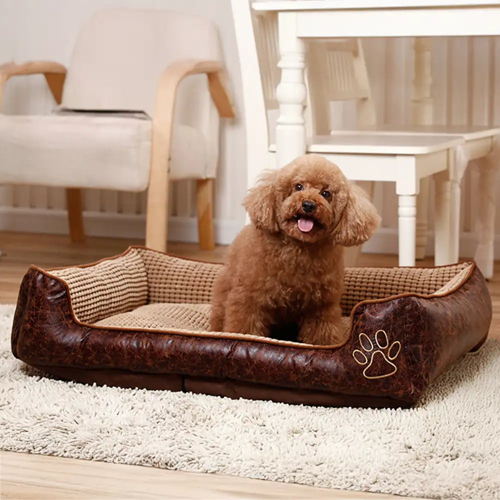 Luxury Faux Leather Soft Fleece Washable Dog Sofa Bed