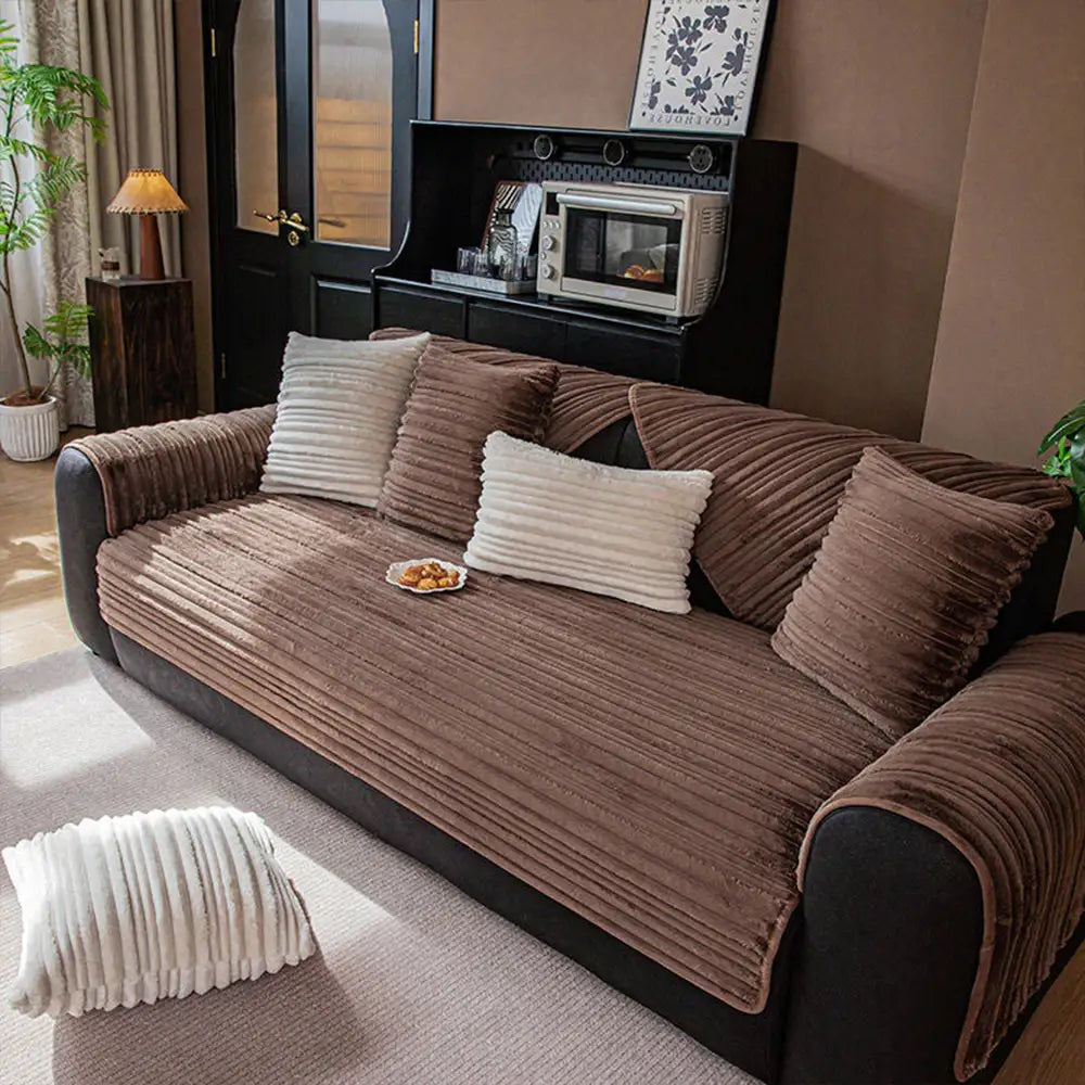 Modern Asymmetrical Stripes Soft Plush Non-Slip Couch Cover