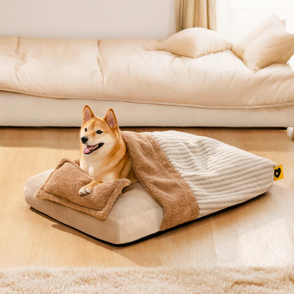 Plush Striped Cave Covered Orthopedic Dog Bed With Pillow - FluffyWarm