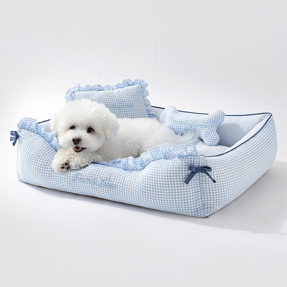 Soft Gingham Washable Dog & Cat Sofa Bed with Pillows