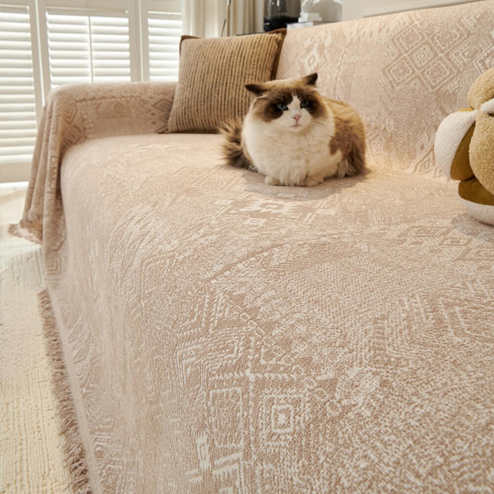 Moroccan Pattern Reversible Chenille Cat-Scratch Resistant Throw Couch Cover
