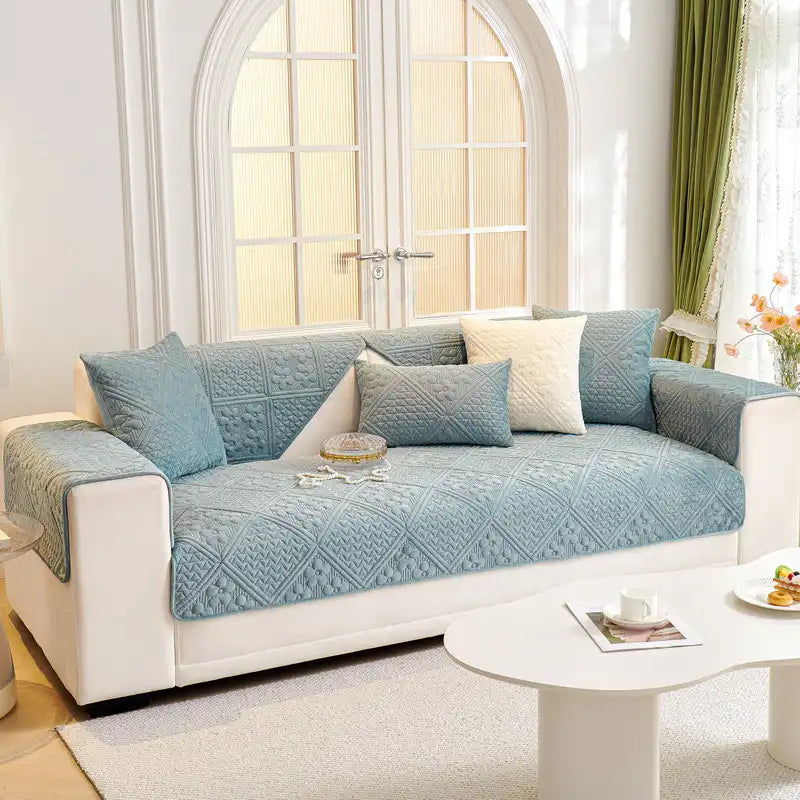 Embossed Geometric Pattern Soft Plush Quilted Non-Slip Couch Cover