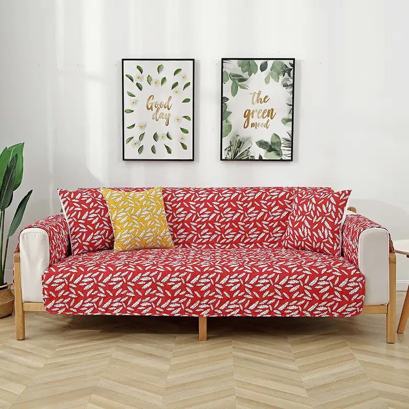 Leaf Print Quilted One-Piece Couch Cover with Non-Slip Elastic Straps