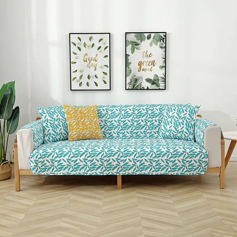 Leaf Print Quilted One-Piece Couch Cover with Non-Slip Elastic Straps