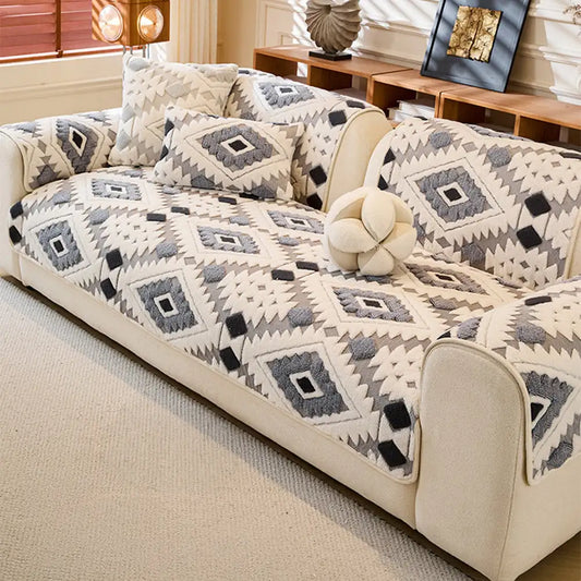 Modern Geometric Thick Plush Anti-Scratch Non-Slip Couch Cover