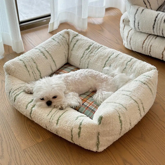 Modern Plaid Plush Thickened Square Calming Dog Bed
