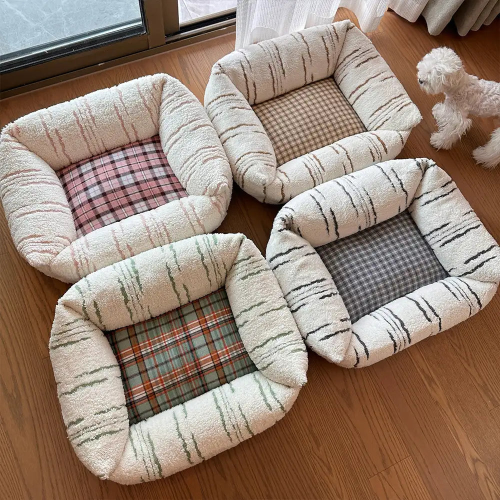Modern Plaid Plush Thickened Square Calming Dog Bed