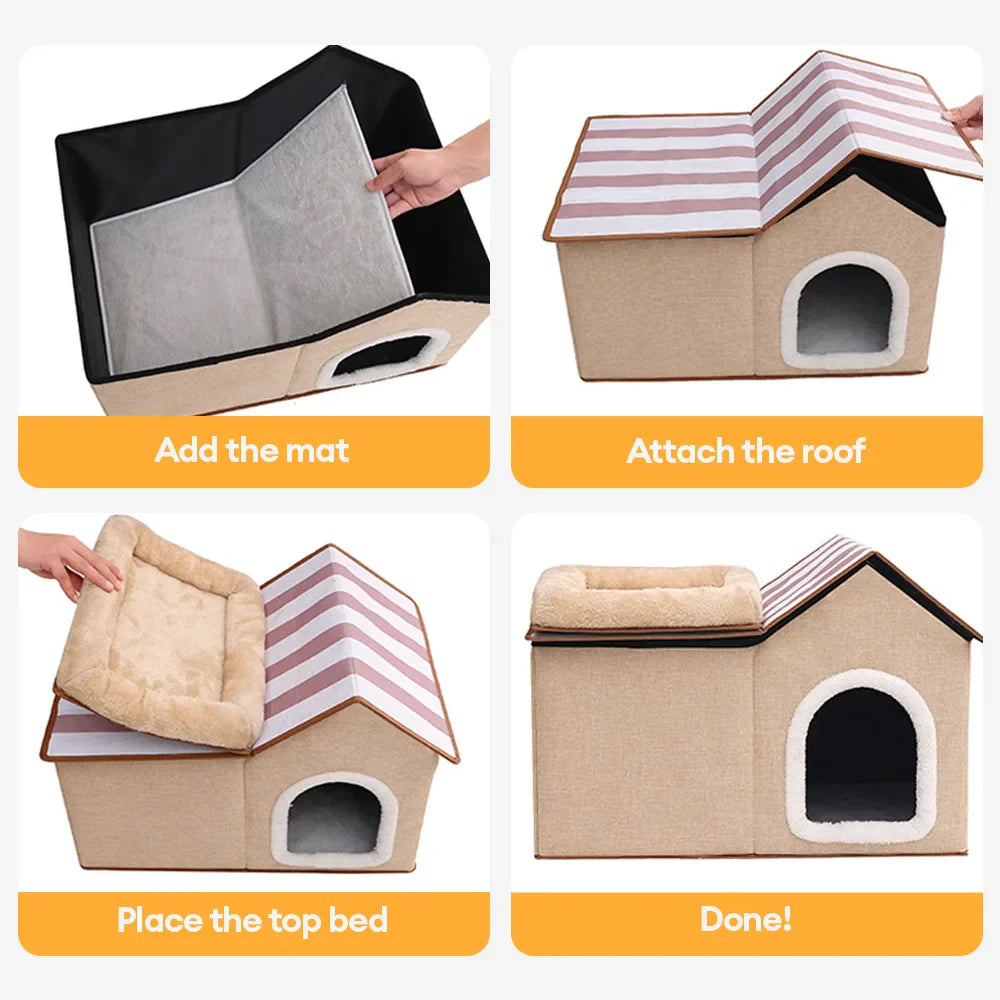 Multifunctional Foldable Cat House with Cushion for Sleeping and Playing