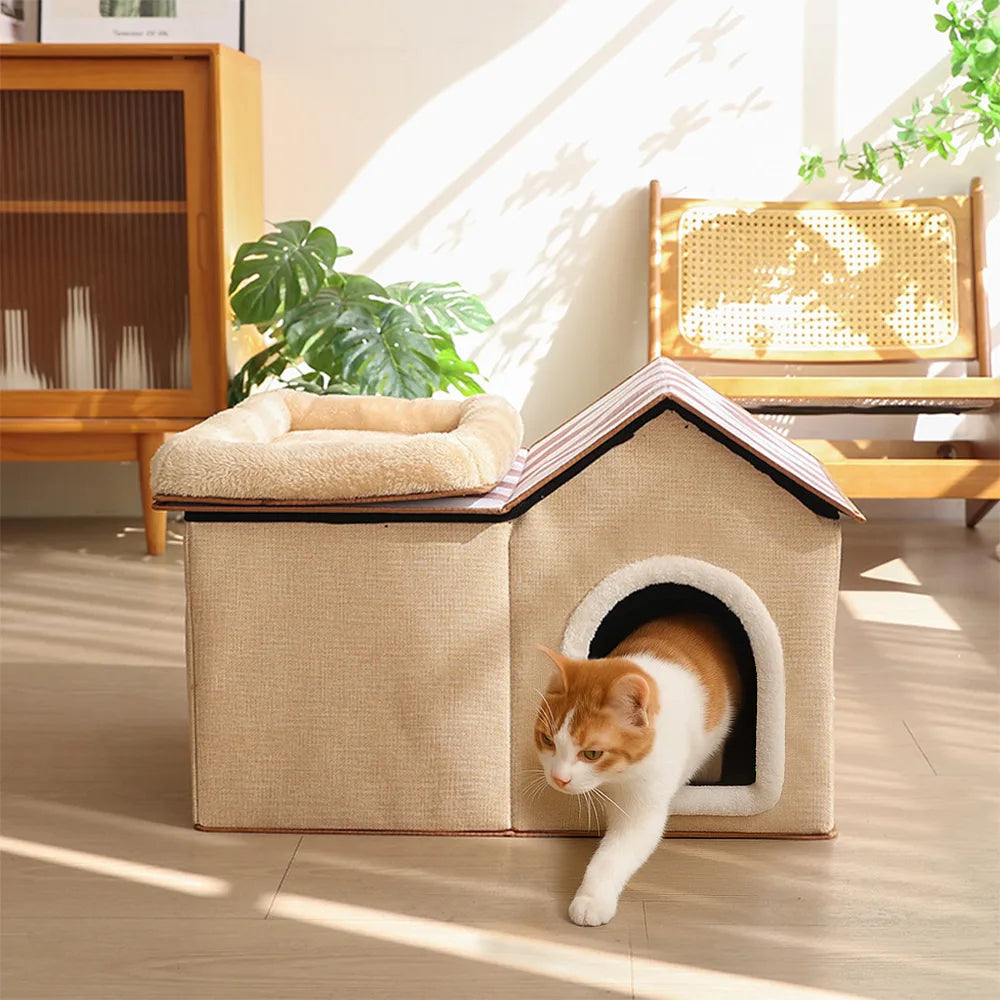 Multifunctional Foldable Cat House with Cushion for Sleeping and Playing
