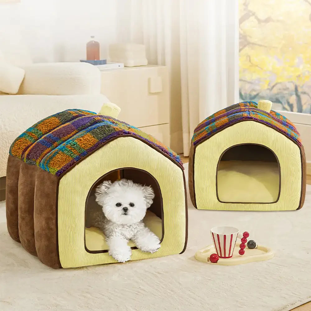 Plaid Retro Cozy Cave-Style Warm Deep Sleeping Dog & Cat Bed - Retro House