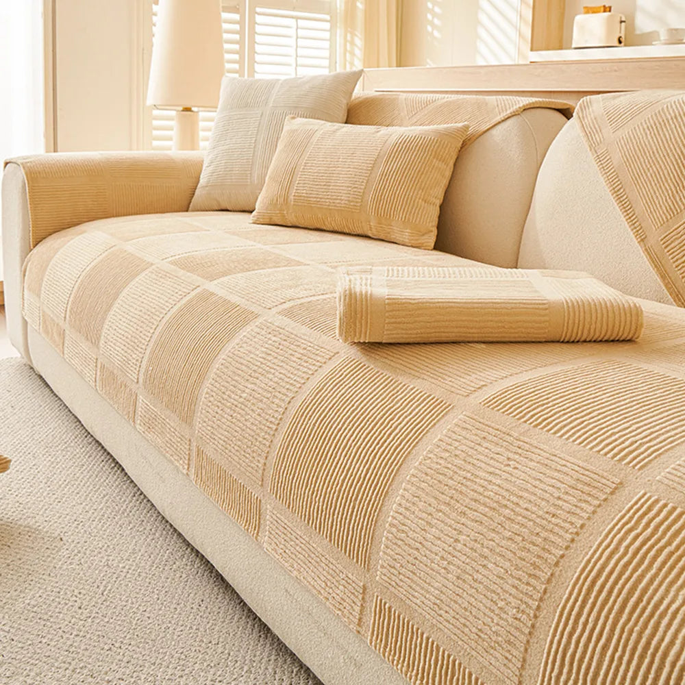 Plush Cream Geometric All Seasons Non-Slip Couch Cover