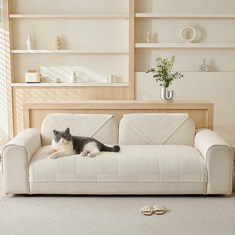 Plush Cream Geometric All Seasons Non-Slip Couch Cover