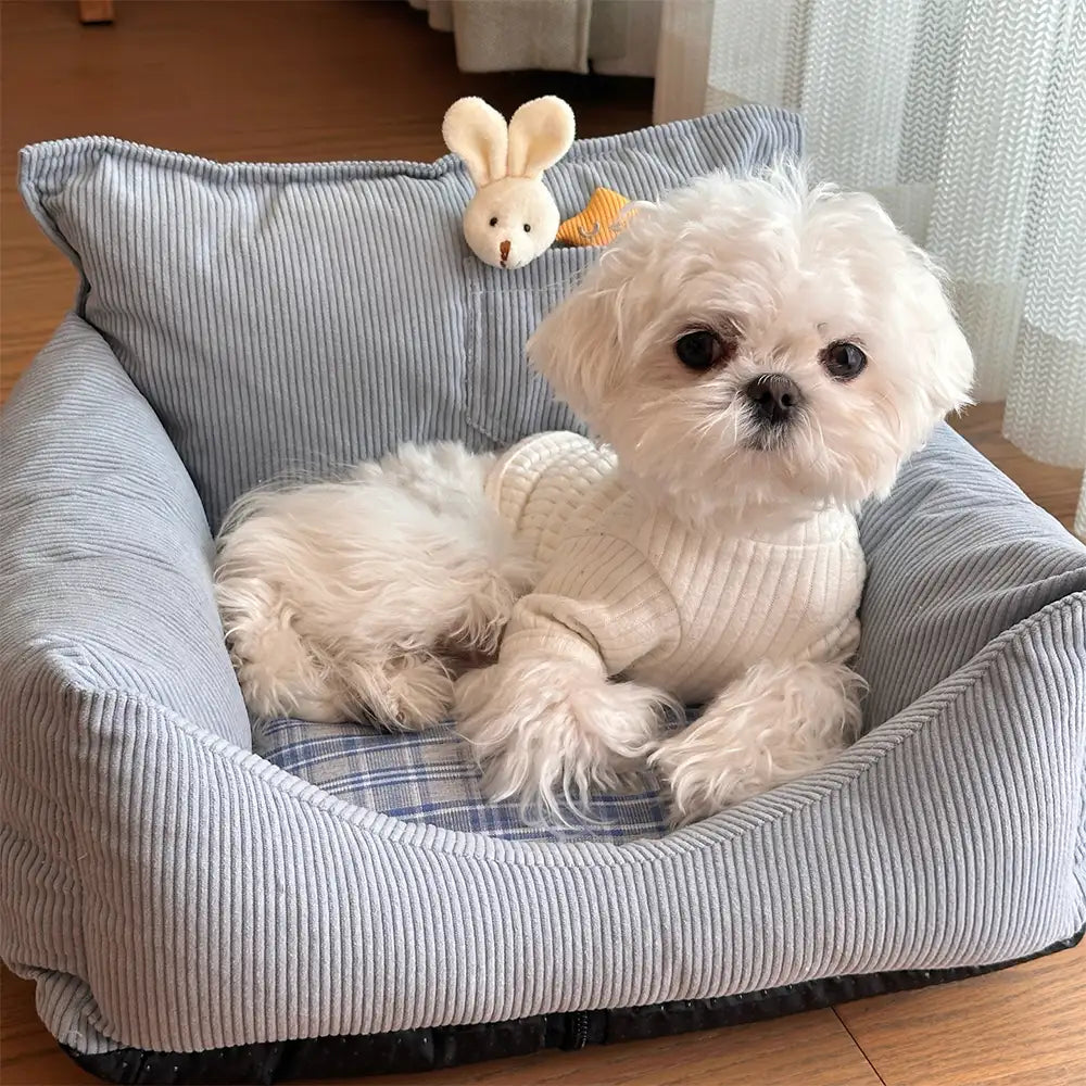 Rustic Corduroy Plaid Patchwork Dog Sofa Bed with Toy