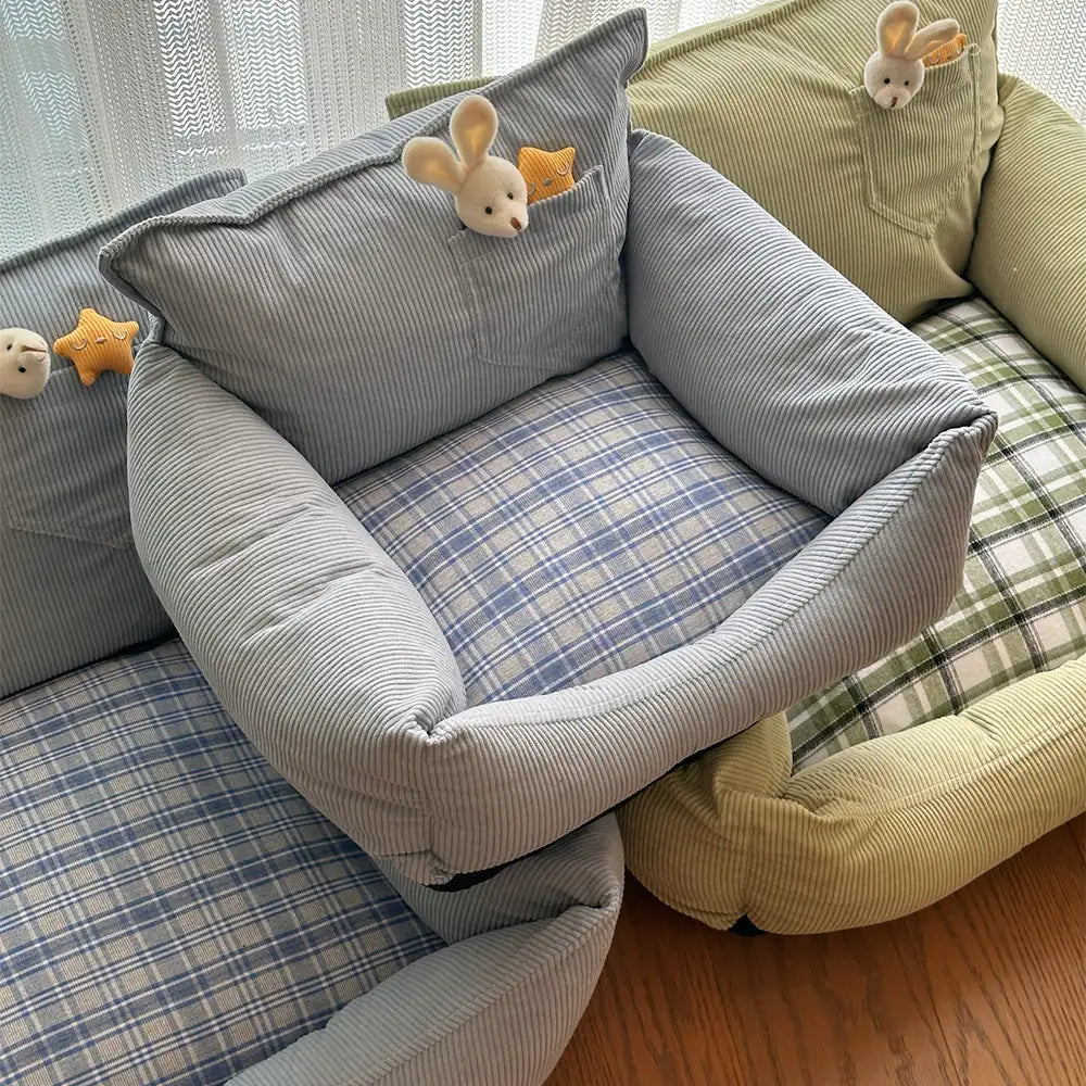 Rustic Corduroy Plaid Patchwork Dog Sofa Bed with Toy