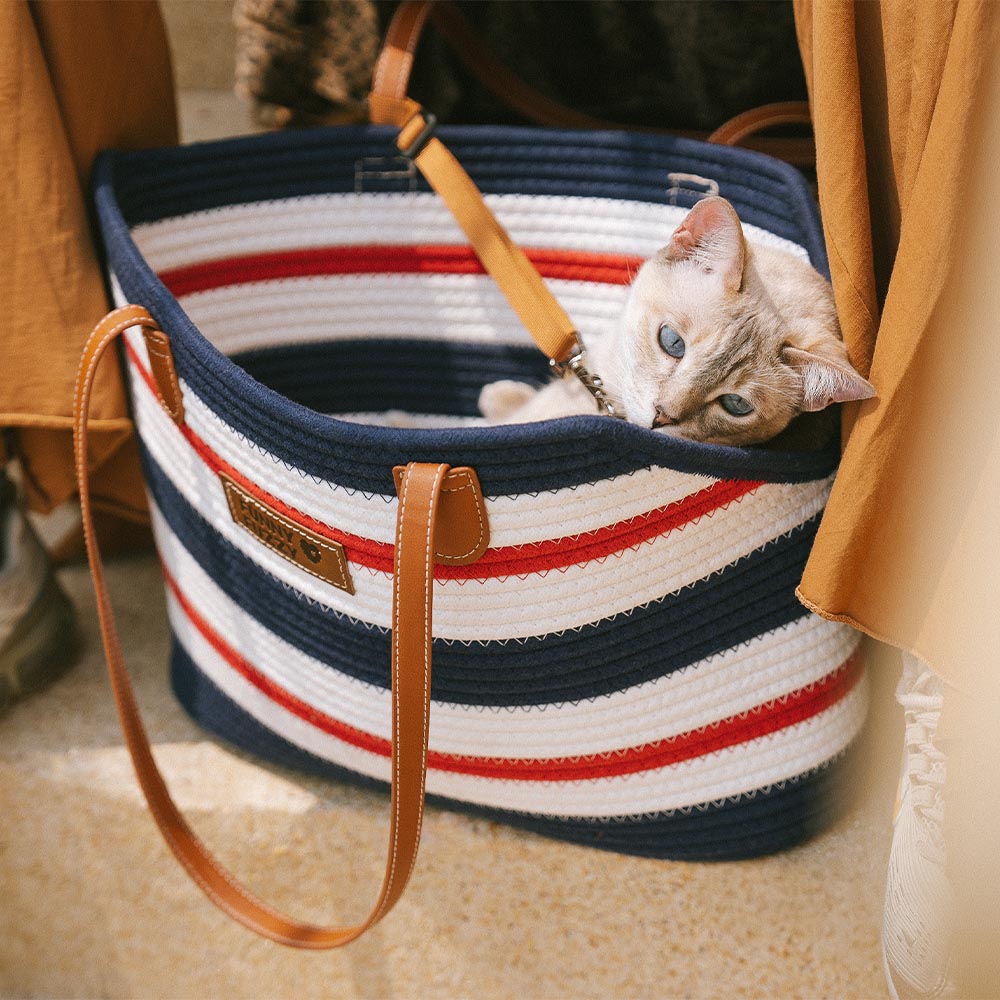 Handmade Lightweight Cotton Woven Beach Bag Pet Carrier- Summer Vacation